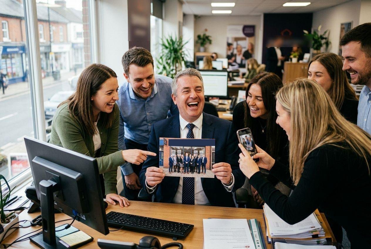 An office laughing at a personalised postcard showing their own team